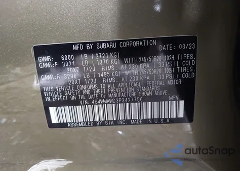 2023 Subaru Ascent Touring 7-Passenger z USA, uszkodzony, nr VIN 4S4WMAWD3P3427756